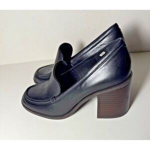 Preppy Y2K Black Leather Wooden Block Heel Womens Platform Loafers Size 7.5